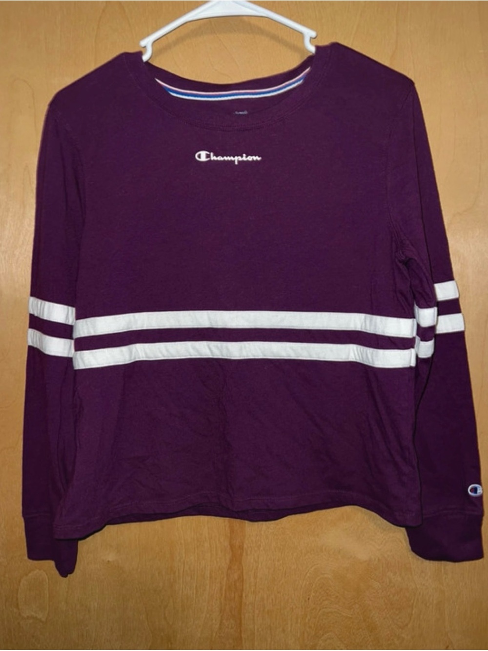 Womenโs Champion Purple Long-Sleeve Tee with White Stripes